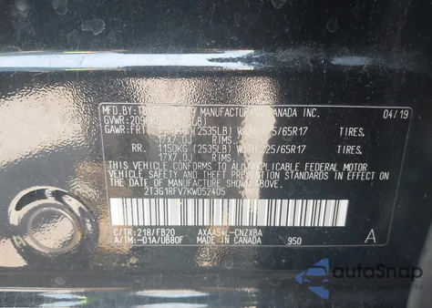 2019 Toyota Rav4 Le из США, поврежденный, VIN 2T3G1RFV7KW052405